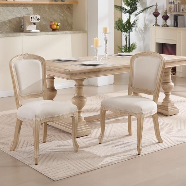Small Beige Cotton Linen Sponge Backrest Armless Dining Chair (Set of 2) with Fan-Shaped Back