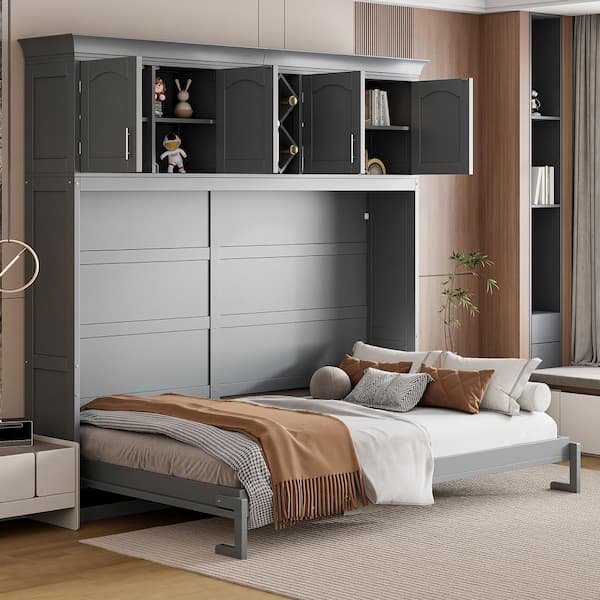 Gray Wood Frame Queen Size Murphy Bed Wall Bed with Top Cabinets and Wine Rack