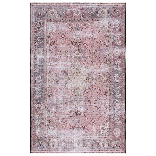 SAFAVIEH Tuscon Pink/Beige Doormat 3 ft. x 5 ft. Machine Washable Distressed Border Area Rug