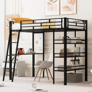 Black Metal Twin Size Loft Bed with 3-Tier Shelves and Wood Desk, Whiteboard, Inclined Ladder
