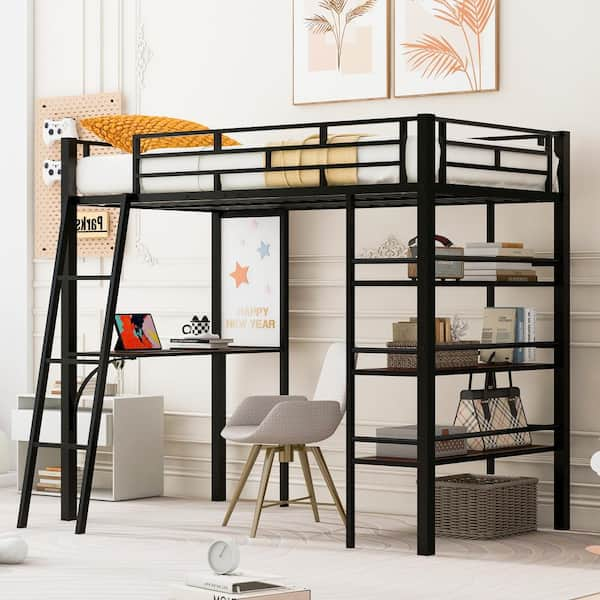 Harper & Bright Designs Black Metal Twin Size Loft Bed With 3-tier 