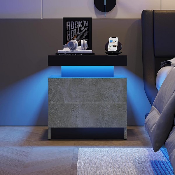 Boyel Living Gray 2-Drawers LED Nightstand Bedside Table End Side 13.8 in. L x 19.3 in. W. x 20.5 in. H