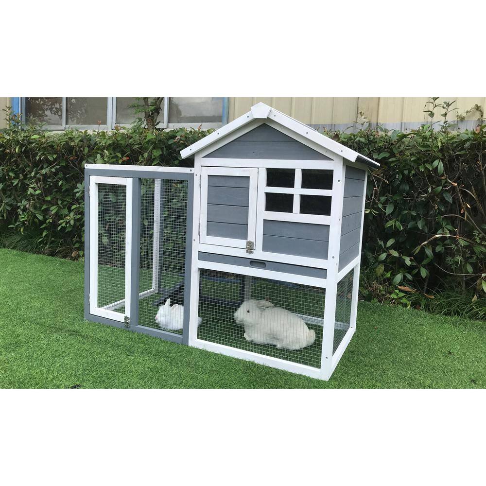 Gray and White Wooden Rabbit Hutch with Wire Mesh Run