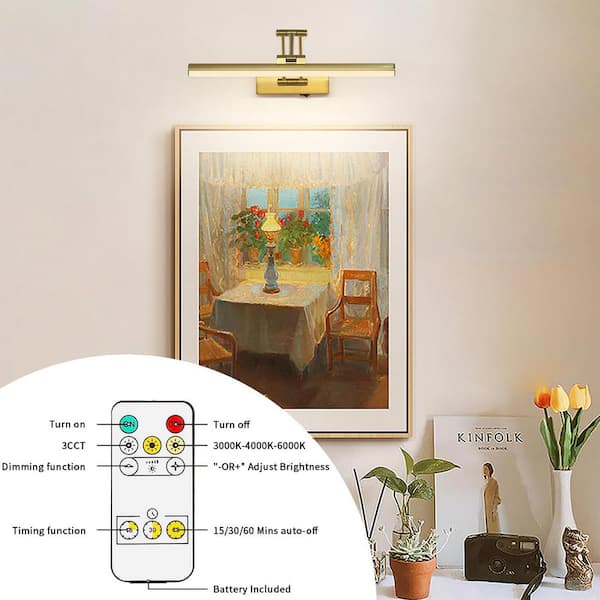 Brass 16 in. LED Picture Light with Remote Control Dimmable and Swivel