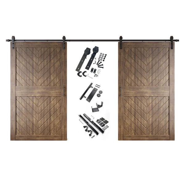 JT3 48 in. x 84 in. C-Panel Dark Walnut Fishbone Design Double Pine Wood Sliding Barn Door with Hardware Kit