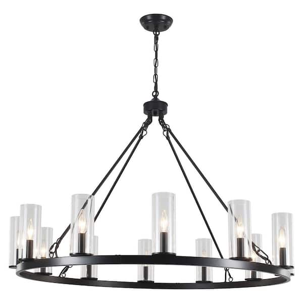 12-Light Black Farmhouse Wagon Wheel Chandelier for Living Room Dining Room Kitchen Island