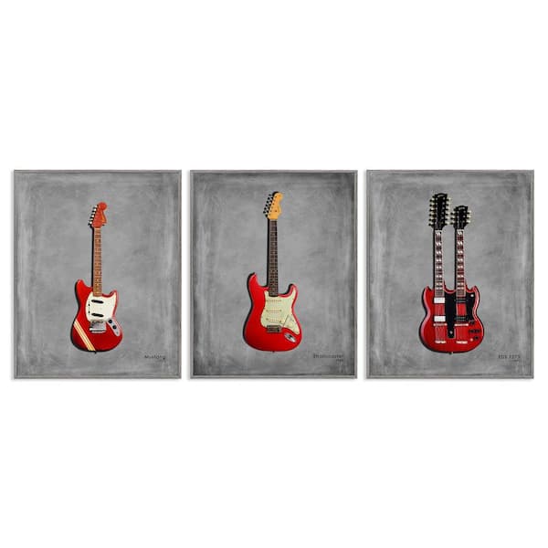Red Guitars Collection by Mark Rogan 3 Piece Gray Framed Music Giclee Art Print 30 in. x 24 in.