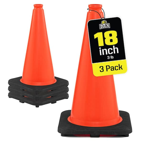 18 in, Orange Traffic Cone, 3-Pk, Safety Cones W/Heavy-Duty Base