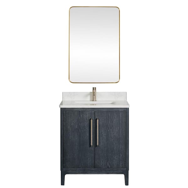 ROSWELL Gara 30 in. W x 22 in. D x 33.9 in. H Single Sink Bath Vanity in Blue with White Grain Composite Stone Top and Mirror