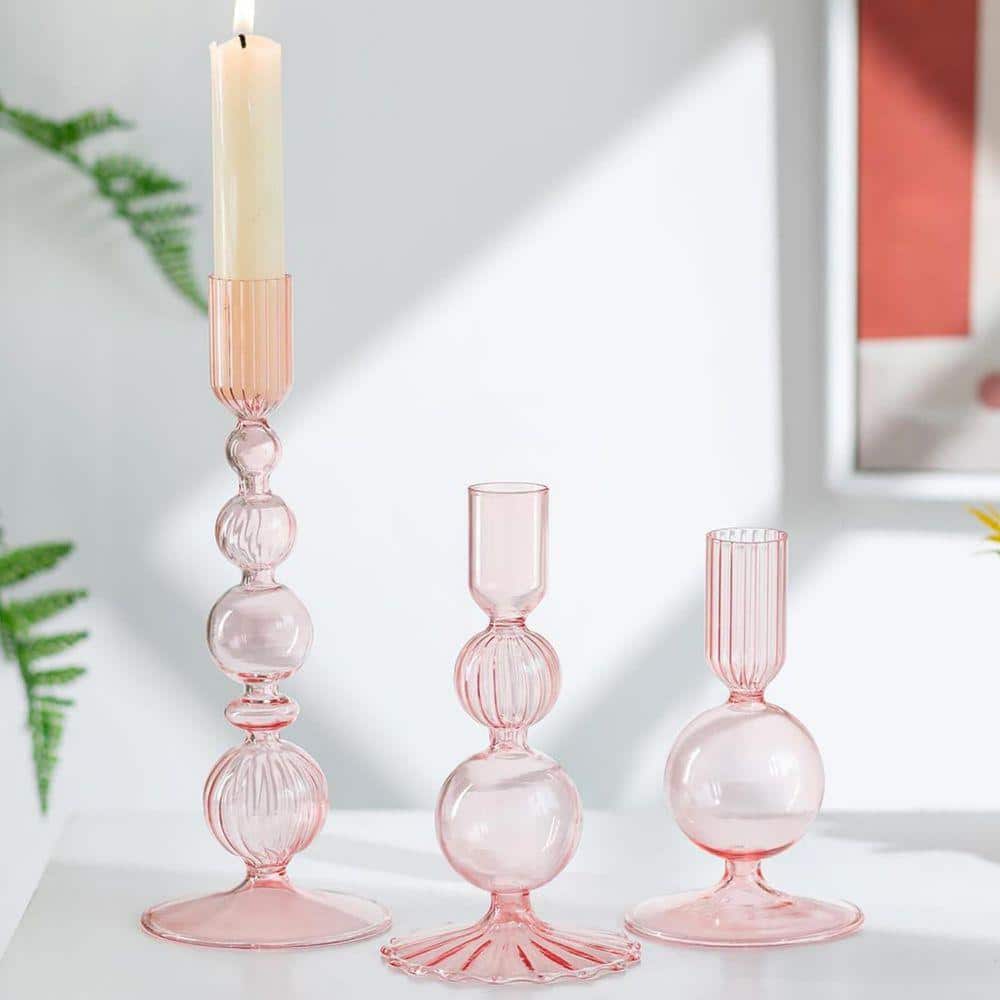 Pink Glass Candlestick Holders-Set of 3 Modern Taper Candle Stands for Table Centerpiece, Party, Wedding Decor WK1033