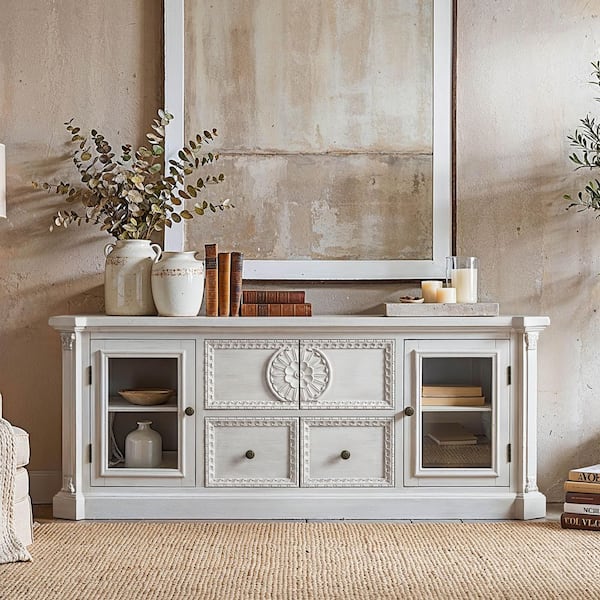 Light Gray Solid Wood Buffet Sideboard with Storage Drawers and Glass Door Cabinets, Ships fully assembled