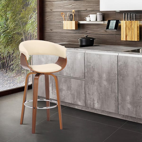 Armen Living Julyssa 30 in. Swivel Cream Faux Leather and Walnut Wood Bar Stool