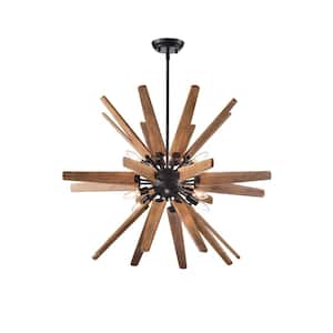 Amapola 33.5 in. Sputnik 8-Light Antique Black Natural Wood Chandelier with no Bulbs Included