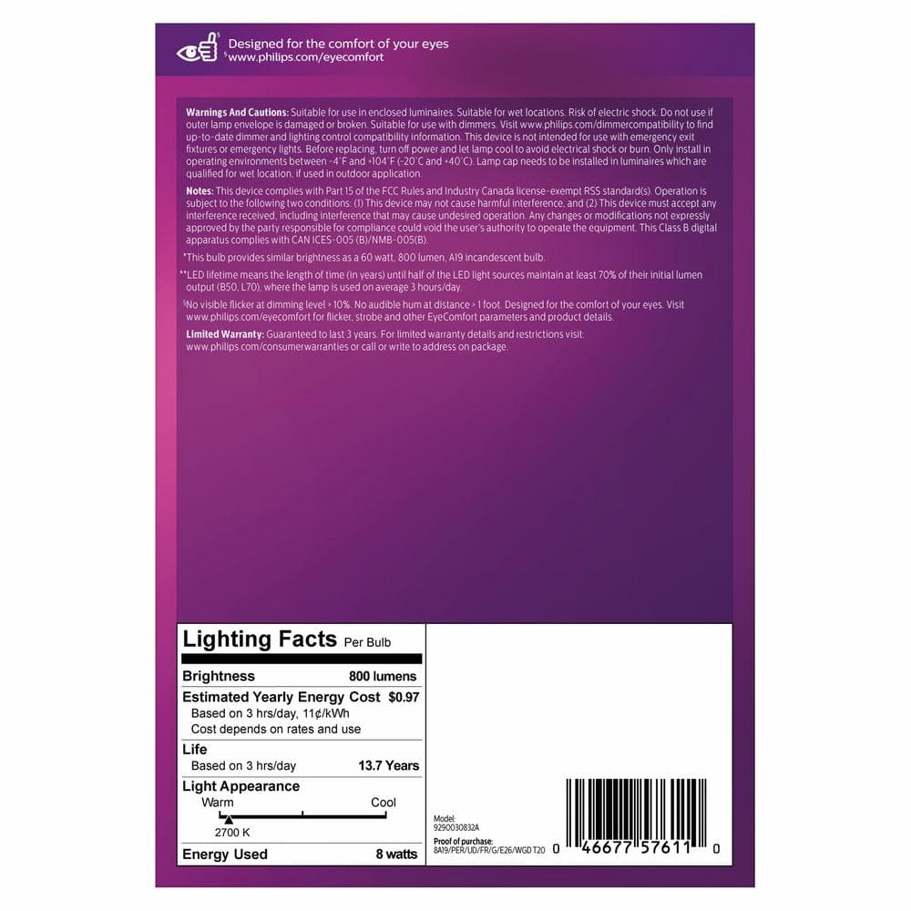 Philips Ultra Definition 60W Frosted Soft White Dimmable LED Bulb 4-Pack