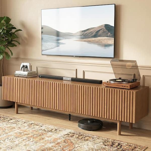 86.6 in. Modern Wood TV Stand for 90 in. TV Slatted Media Console Entertainment Center with Storage Brown