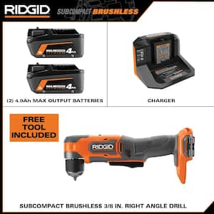 18V Max Output (2) 4.0Ah Battery and Charger with FREE Subcompact Brushless Cordless 3/8 in. Right Angle Drill
