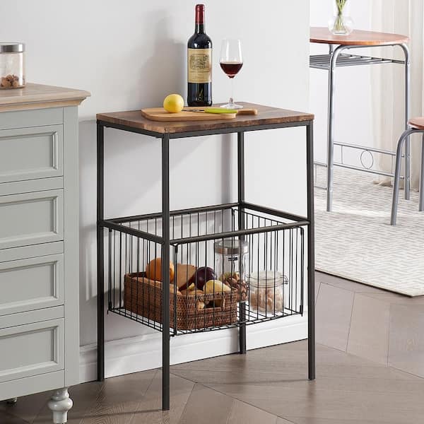 Versatile Side End Table 31" Tall Shelf Storage Organizer with Foldable Basket Industrial Metal Frame, Brown