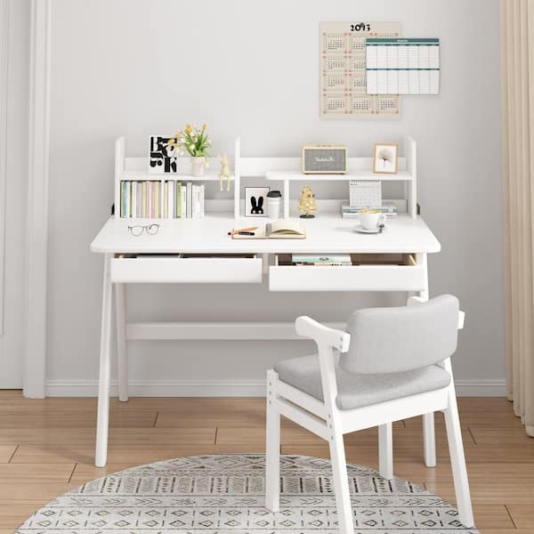 2-Piece Rubber Wood Top White Kids Study Desk Sets with Bookshelf, Study/Writing Table for Bedroom Home Office