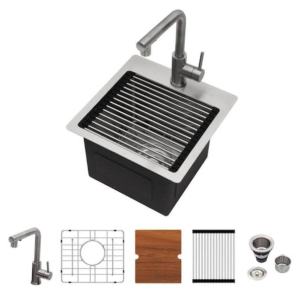 16-Gauge Stainless Steel 15 in. x 15 in. Drop-In Single Bowl RV Workstation Bar Prep Kitchen Sink with Pull-Out Faucet