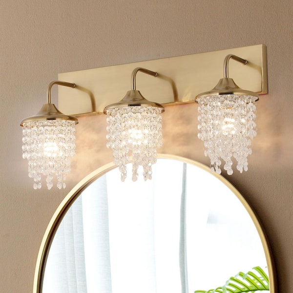 Flint Garden 25.5 in. 3-Light Modern Gold Bathroom Vanity Light Wall Lights with Crystal Shade