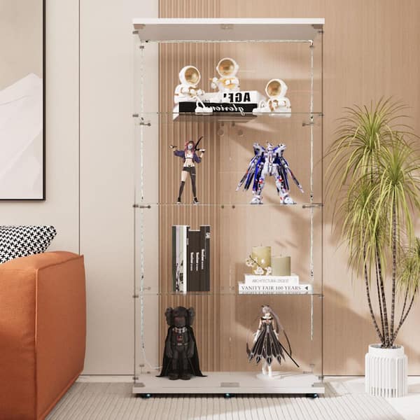 Unbranded 65.6 in. Tall White-A Glass Bookcase Lockable Display 4-Shelves with Bluetooth LED Strip Remote Control/APP