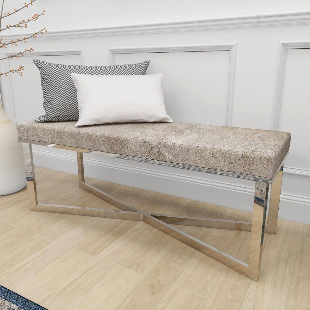 Gray Handmade Cowhide Bench with Silver Metal X-Base