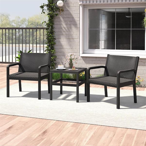 3 Piece Patio Furniture Set with 2 Modern Rattan Armchair and 25 in. Squire Side Table Black