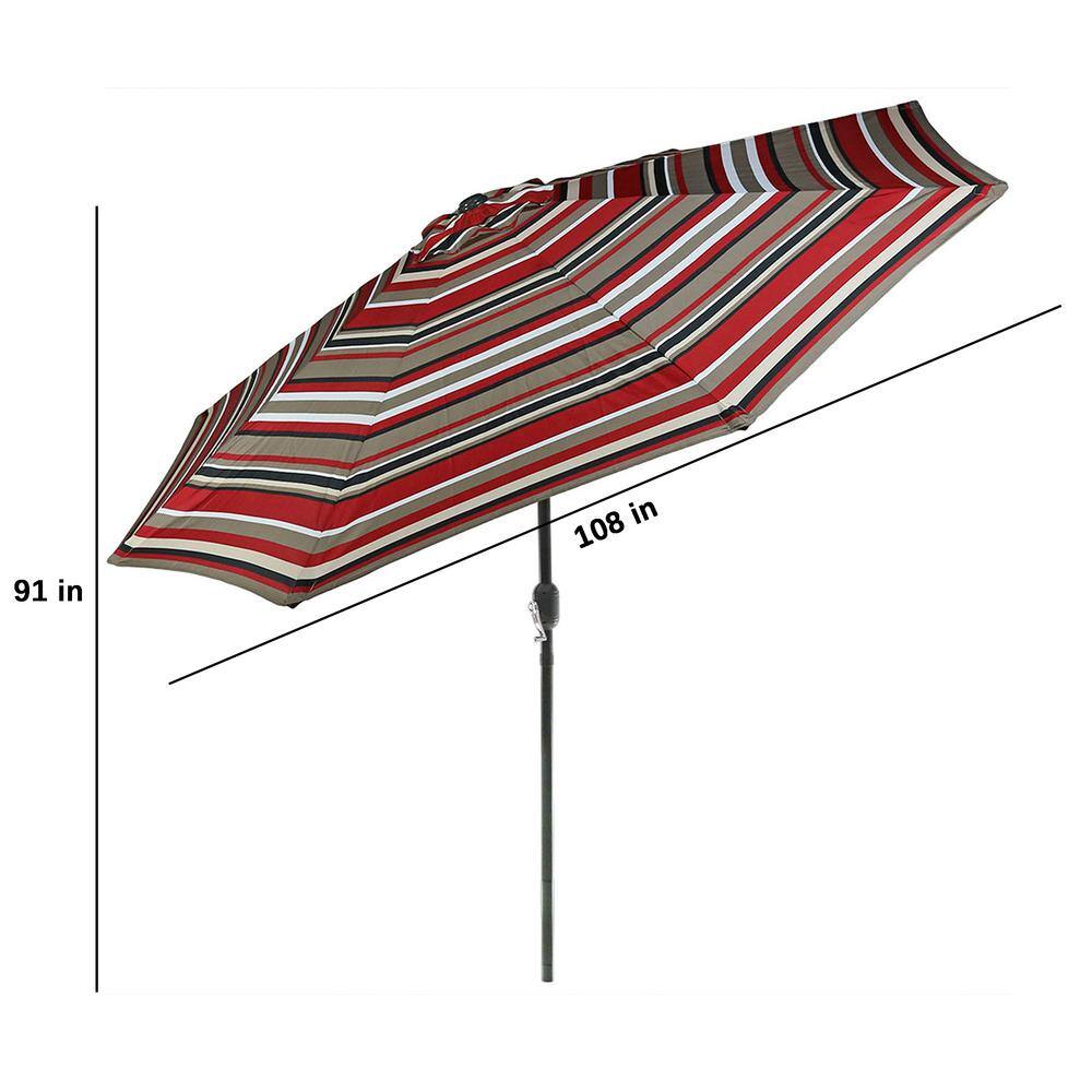 9' Awning Stripe Aluminum Market Umbrella with Solar LED Lights