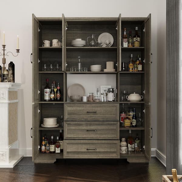 Gray Oak Wood 63 in. Pantry Cabinet with 13 Shelves, 3 Drawers and Tip-Resistant Hardware