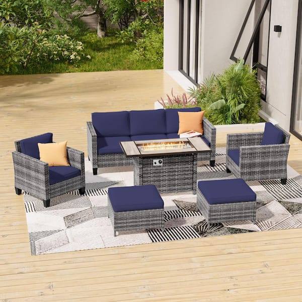 Sonkuki 6-Pieces Patio Conversation Set with Rectangle Fire Pit Table and Ottomans, PE Gray Wicker Sofa with Navy Blue Cushion