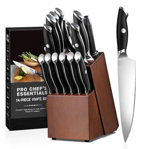 14-Piece Full Tang Japanese Kitchen Knife Set with Natural Acacia Wood Block, High-Grade Stainless Steel