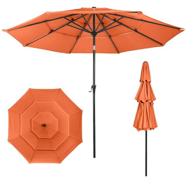 easy open patio umbrella Aohanoi Outdoor - Sun Protection, Rain Resistant, Windproof with Manual Open-Close Feature 32 Solar LED Lights32 LED Lights with 8 steel ribs and 4 LED lights on each rib 10 FT Solar LED Patio