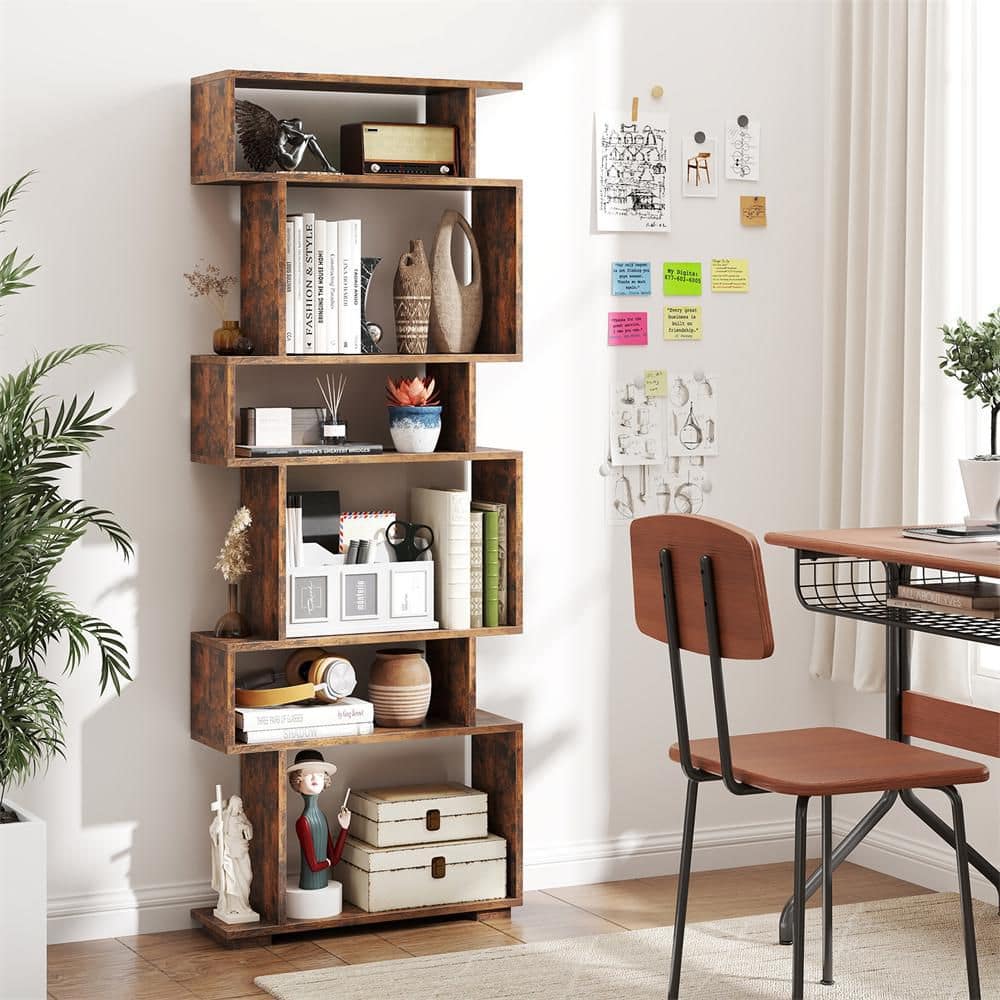 HONEY JOY 6-tier S-shaped Bookshelf 64 in. Tall Rustic Brown Home