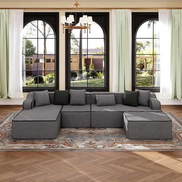 134 in. W 4-Piece Corduroy Modular Sectional Sofa with Cushions and Ottoman in Gray, No Installation Required