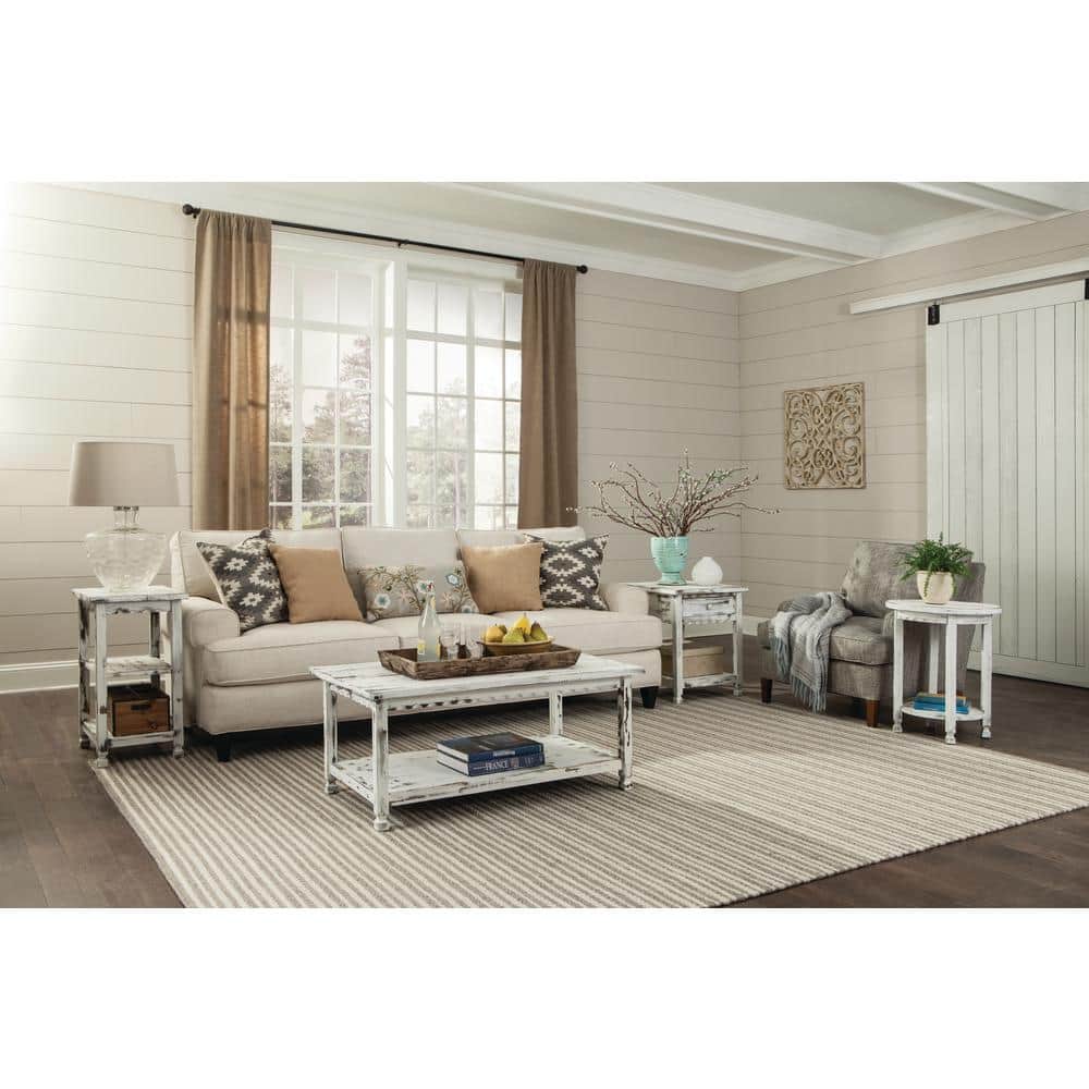Country Cottage Antique White Wood Coffee Table with Shelf