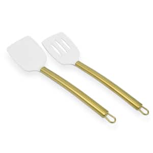 2 Pc 13.75" Silicone Gold Plated Turner Set w/White