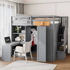 Gray Full Size Loft Bed with Desk, Wardrobe and Shelves