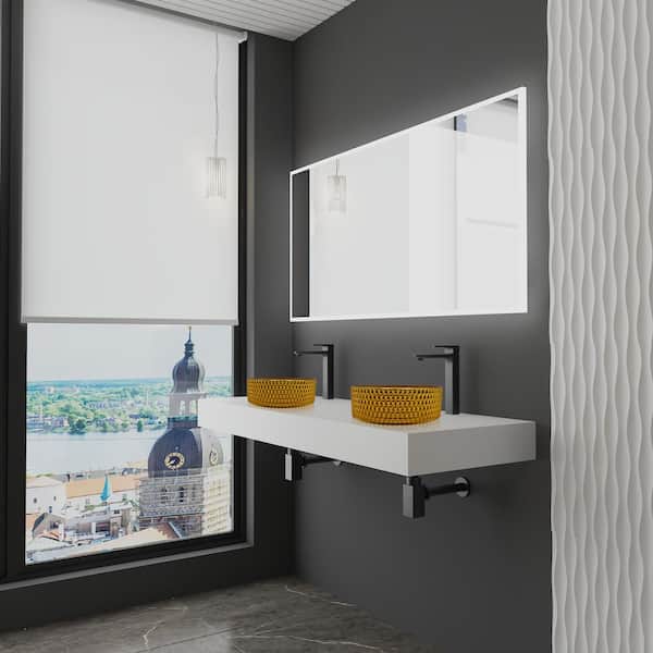 60 in. Wall Mounted Bathroom Countertop Shelf in White Solid Surface with 2 Gold Round Glass Vessel Sink