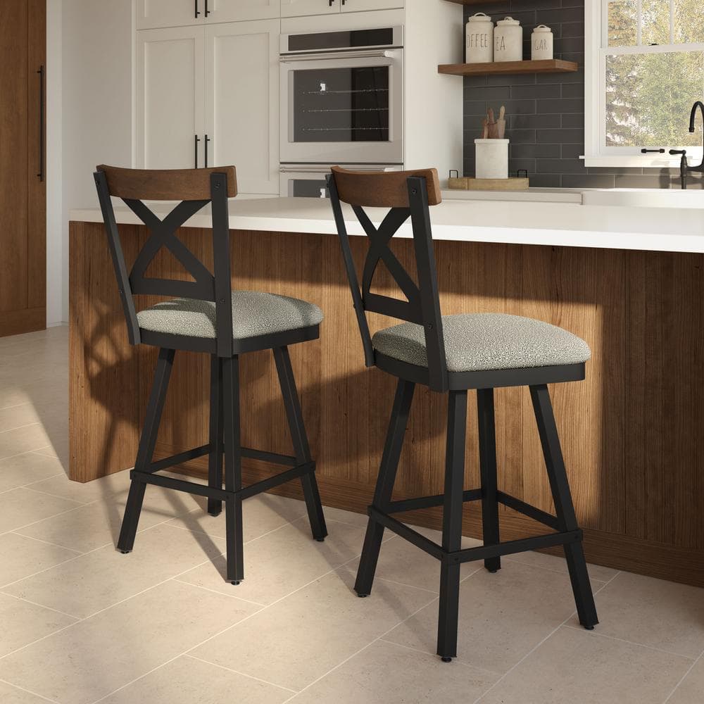 Snyder 46'' Beige Swivel Bar Stool with Aged Wood and Black Metal