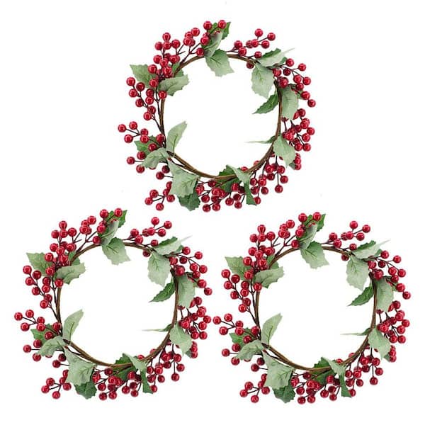 13 in. Unlit Artificial Christmas Wreath Set of 3 with Red Berry Green Holly Leaves for The Tree & Chair & Wall Decor