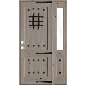 50 in. x 96 in. Mediterranean Knotty Alder Right-Hand/Inswing Clear Glass Grey Stain Wood Prehung Front Door w/RHSL