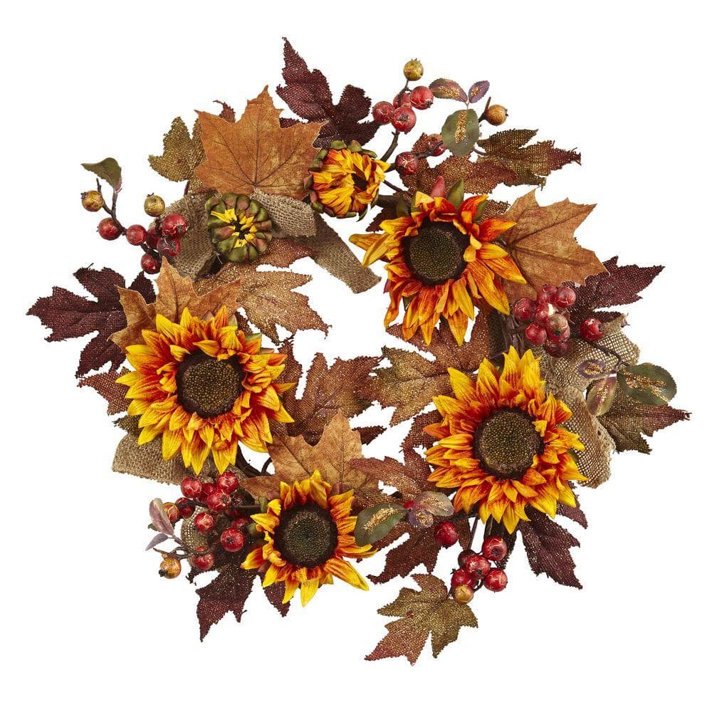 Nearly Natural 24in. Artificial Sunflower and Berry Wreath