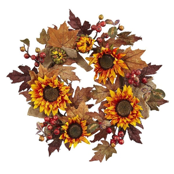 Nearly Natural 24in. Artificial Sunflower and Berry Wreath 4867 - The ...