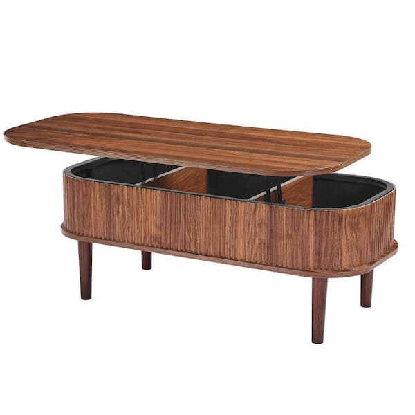 39.4 in. Lift Top Coffee Table, Fluted Oval Coffee Table with 3 Hidden Compartment, Mid Century Wooden Oval Center Desk