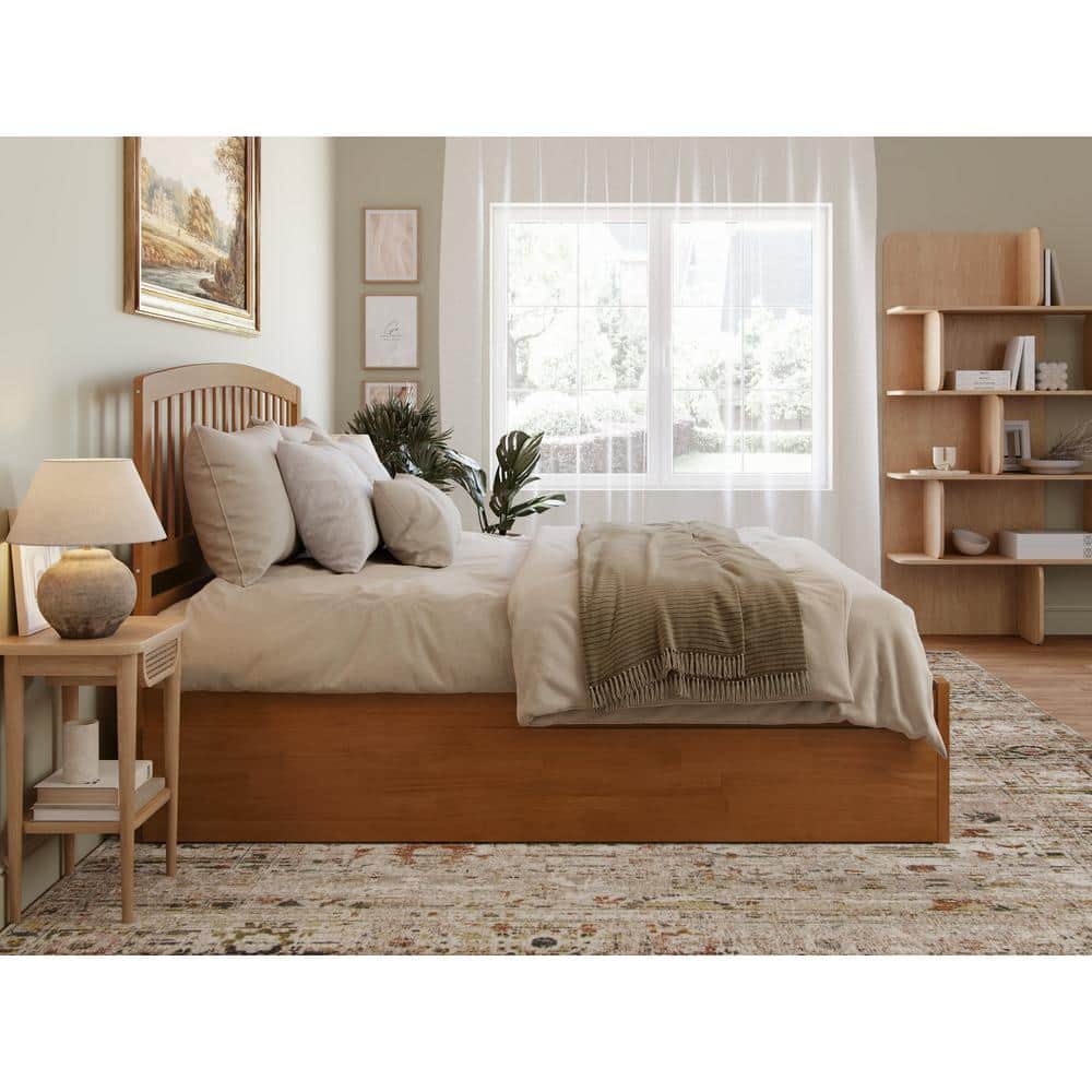 Light Toffee King Wood Platform Bed with Slats and Headboard