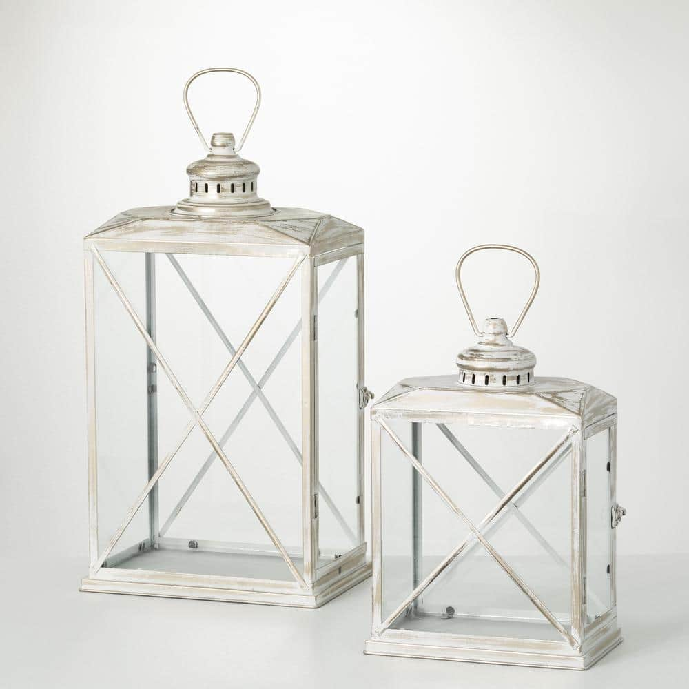 SULLIVANS 15 in. H and 22.75 in. H Distressed Lantern Set; White