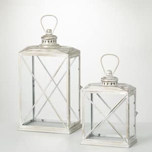 15 in. H and 22.75 in. H Distressed Lantern Set; White