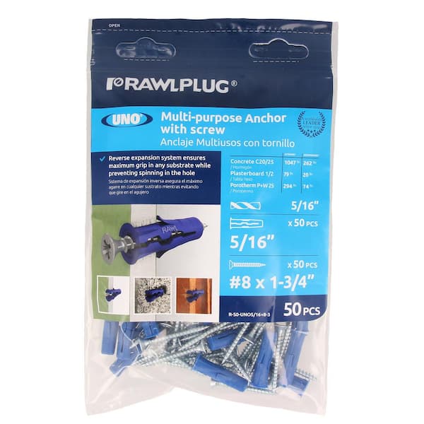 Uno Multi-Purpose Drywall Anchors 5/16 with Screws #9 x 1-3/4 20 lbs. (Pack of 50)