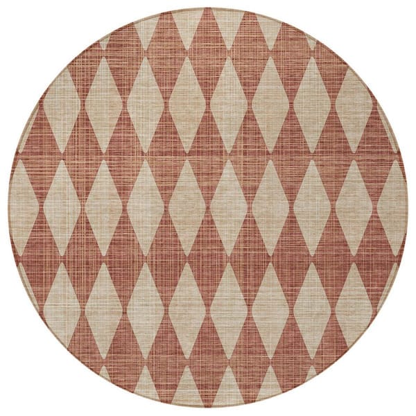 Orange, Copper 8 Round ft. Woven Geometric Polyester Round Indoor / Outdoor Area Rug