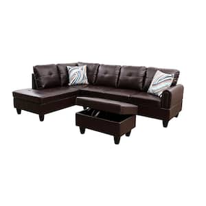 25 in. Round Arm 3-Piece Leather L-Shaped Sectional Sofa in Brown